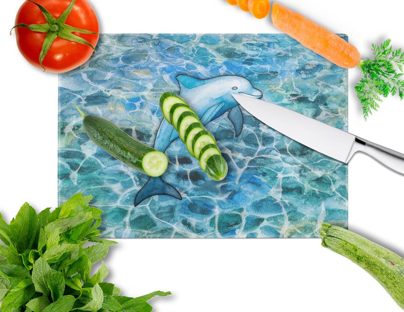 Dolphin Cutting Board Tempered Glass Kitchen Cutting Surface, Heat Resistant Chopping, Non-Slip Feet, Food Prep & Serving