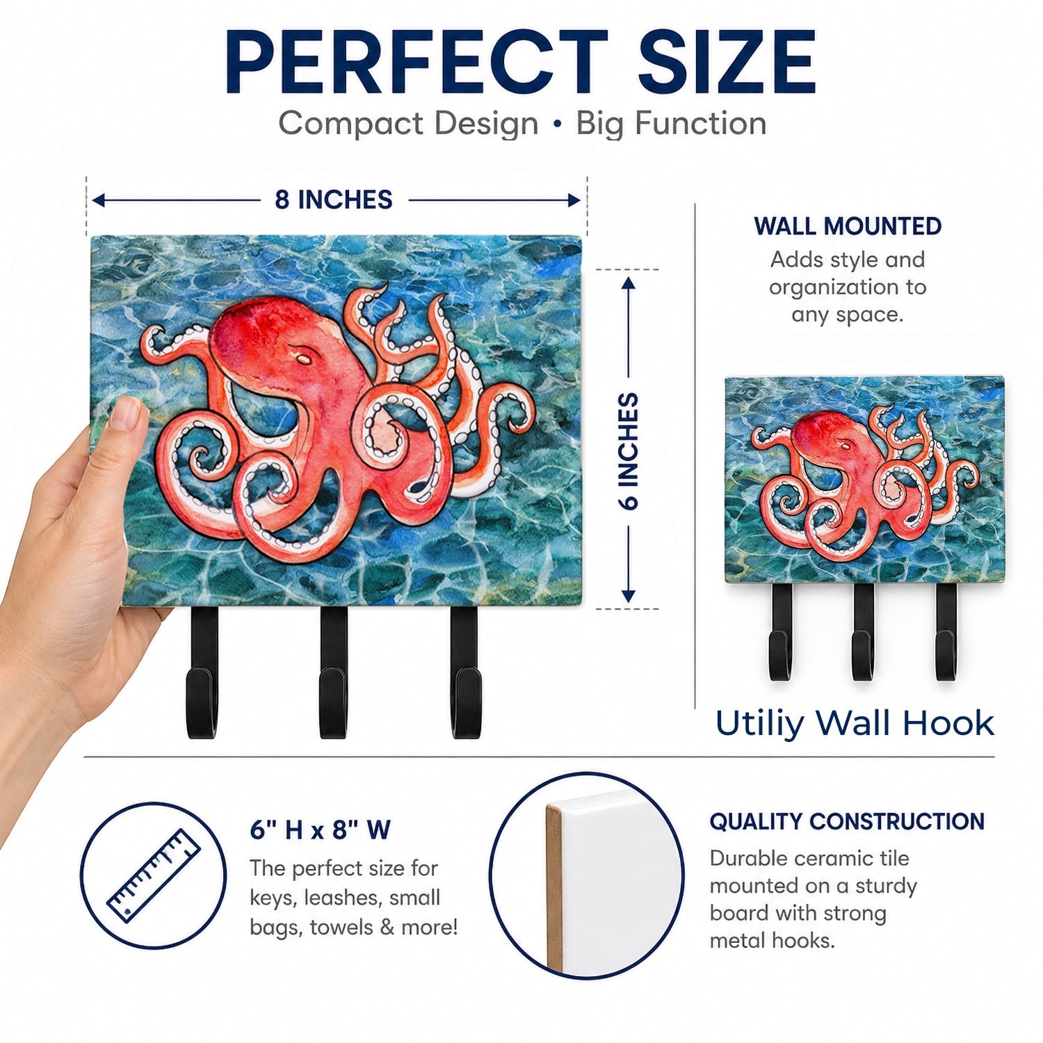 Octopus Leash or Key Holder Wall Hooks, Coat Rack Wall Mount, for Hanging Keys, Towels, Aprons, Leashes