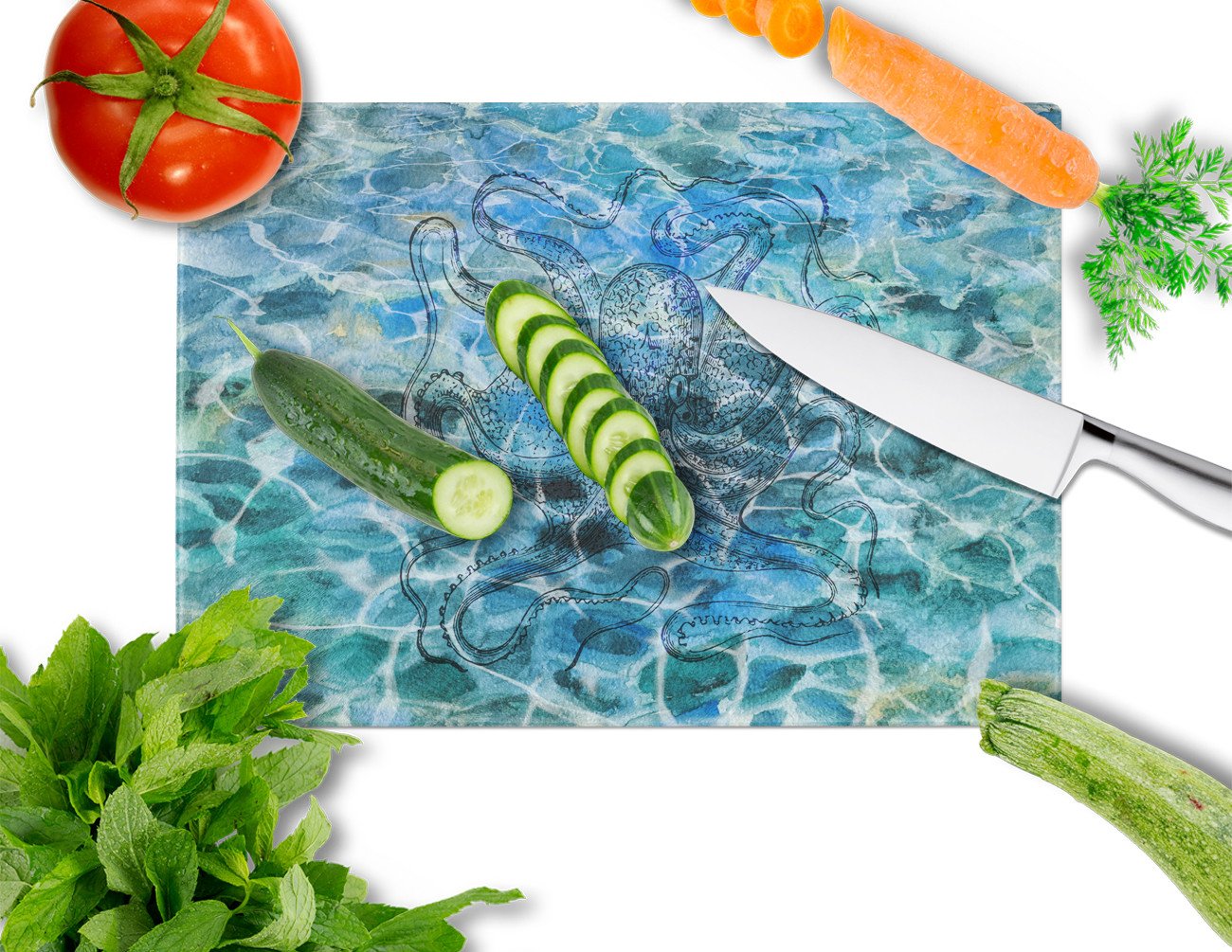 Octopus Under water Cutting Board Tempered Glass Kitchen Cutting Surface, Heat Resistant Chopping, Non-Slip Feet, Food Prep & Serving