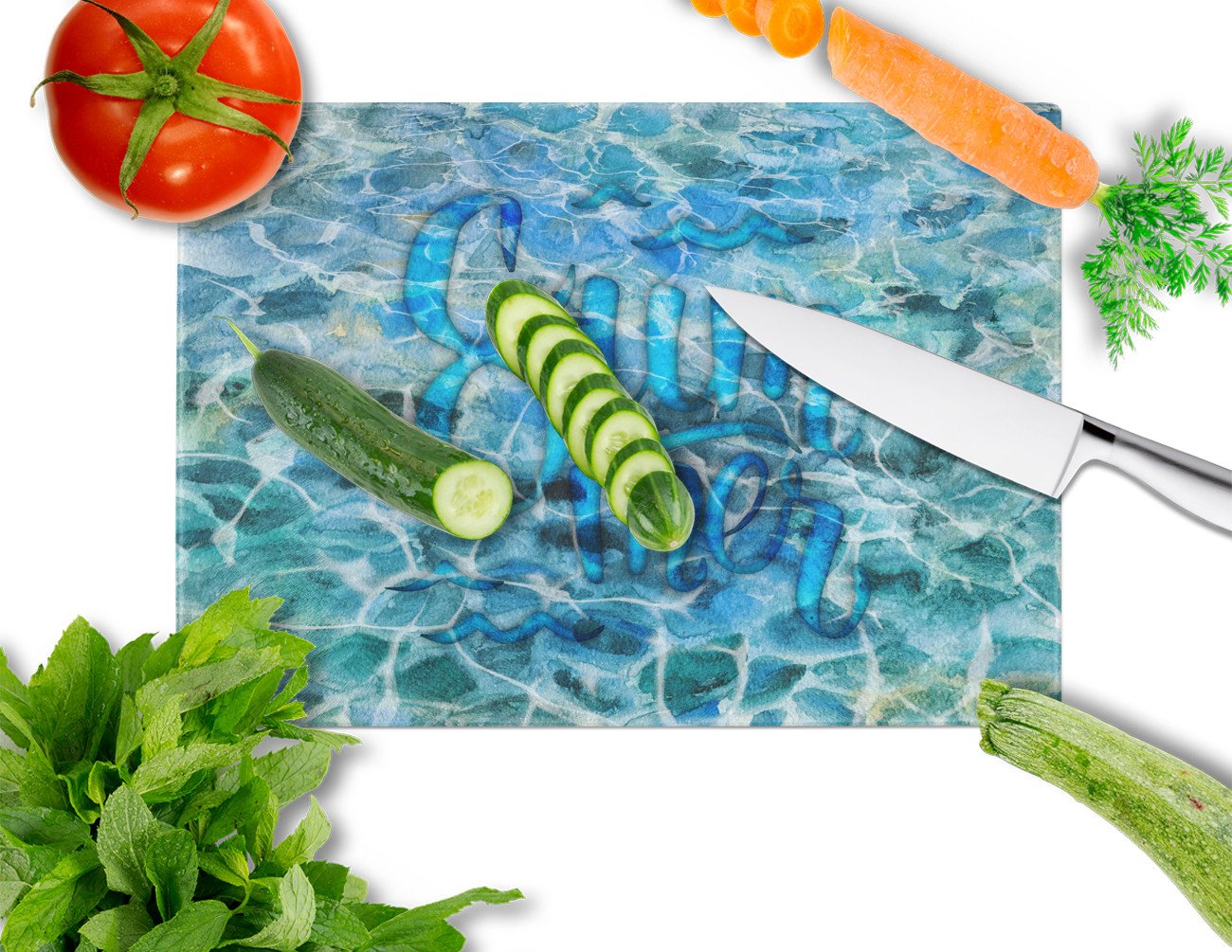 Summer Under Water Cutting Board Tempered Glass Kitchen Cutting Surface, Heat Resistant Chopping, Non-Slip Feet, Food Prep & Serving