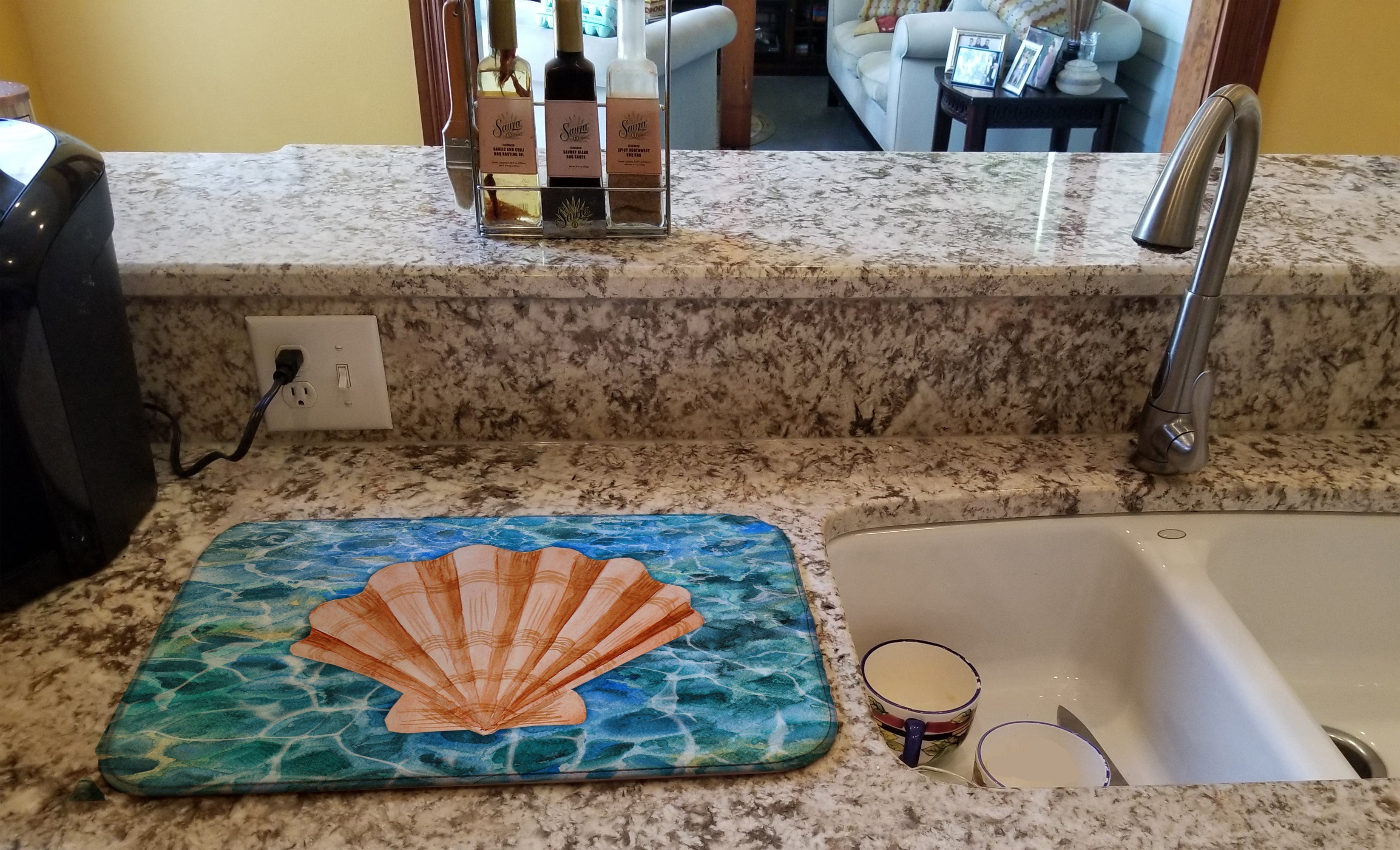 Scallop Shell and Water Dish Drying Mat Absorbent Dish Drying Mat Pad for Kitchen Counter Dish Drainer Mat for Countertop, 14 x 21", Multicolor