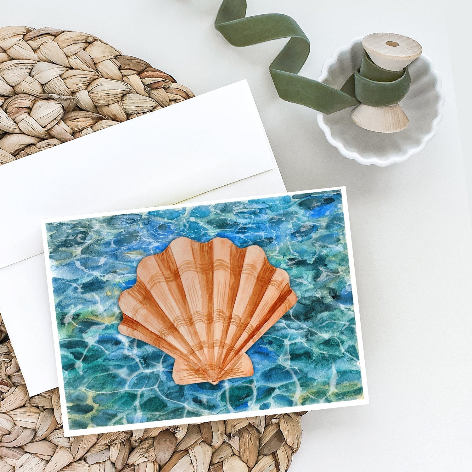 Scallop Shell and Water Greeting Cards Pack of 8 Blank Cards with Envelopes Whimsical A7 Size 5x7