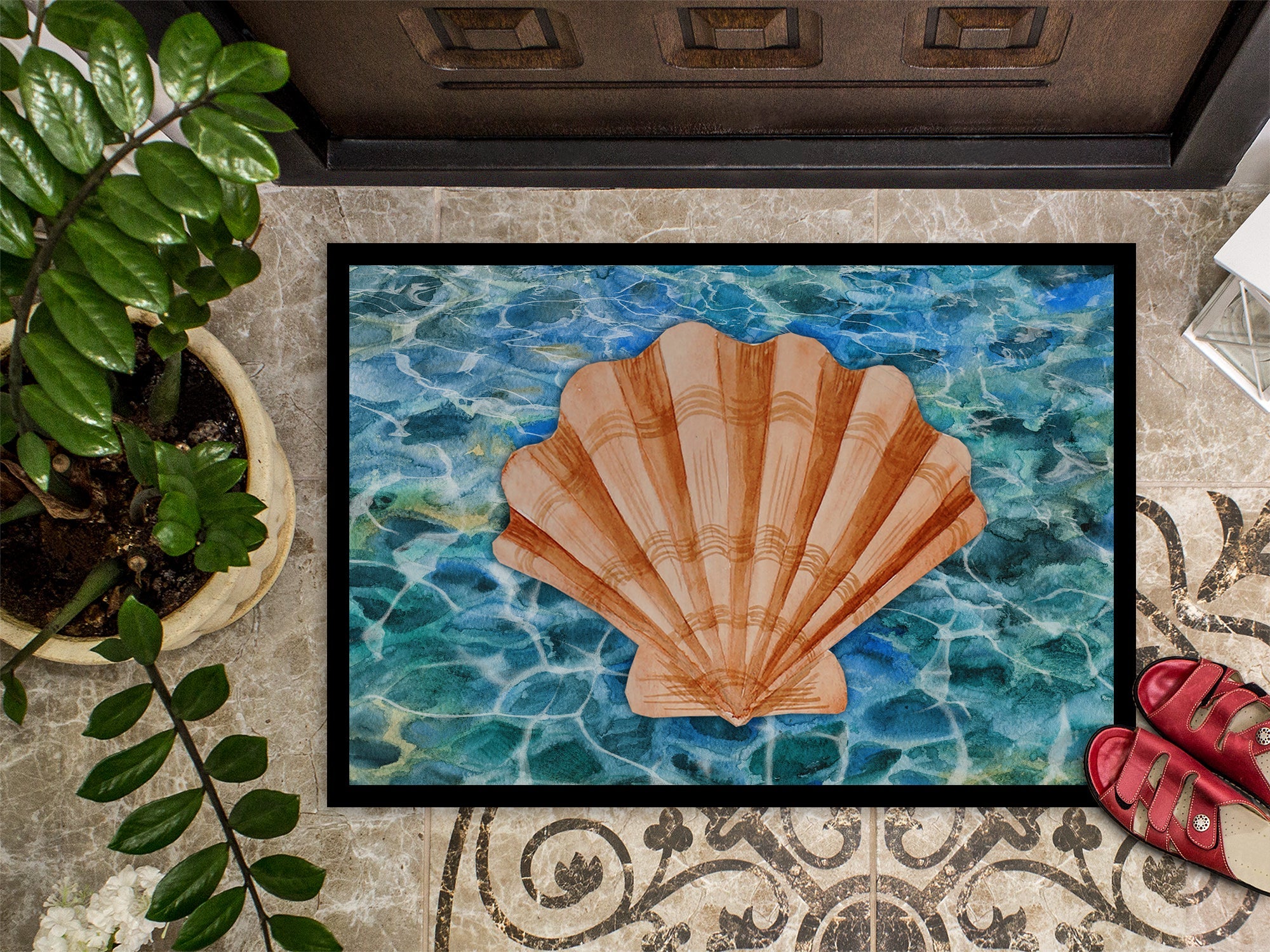 Scallop Shell and Water Doormat Indoor Outdoor 24H X 36W Front Door Mat Rugs for Entryway, Non Slip Washable Low Pile,