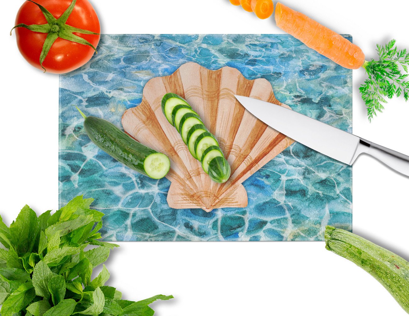 Scallop Shell and Water Cutting Board Tempered Glass Kitchen Cutting Surface, Heat Resistant Chopping, Non-Slip Feet, Food Prep & Serving
