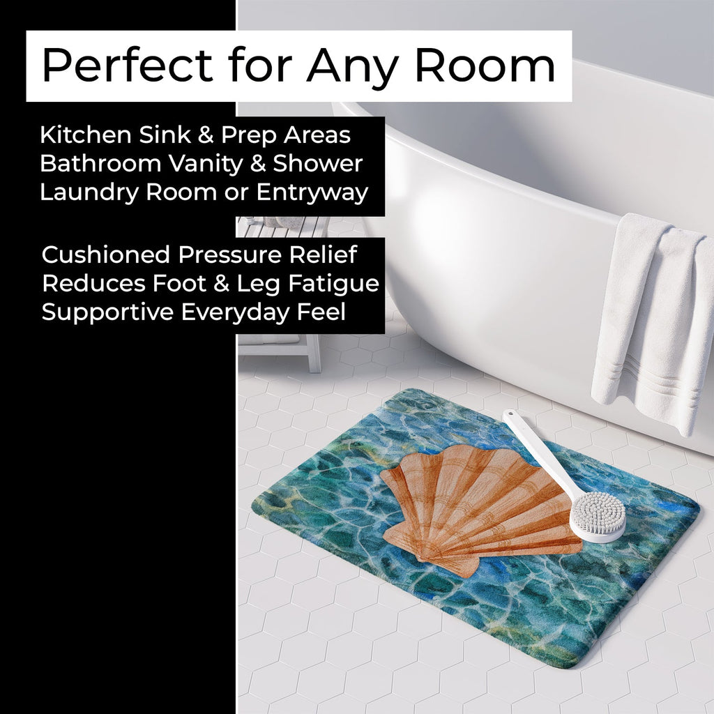 Scallop Shell and Water Memory Foam Kitchen Mat Machine Washable Anti-Fatigue Cushion Comfort Bath or Kitchen Rug