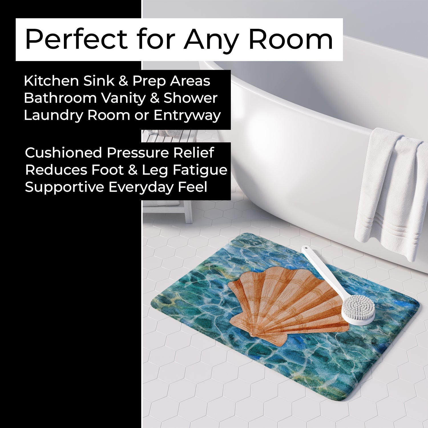 Scallop Shell and Water Memory Foam Kitchen Mat Machine Washable Anti-Fatigue Cushion Comfort Bath or Kitchen Rug