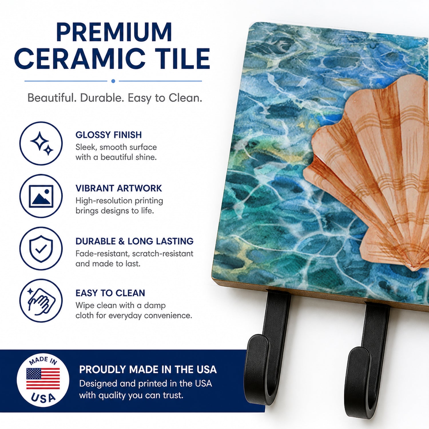 Scallop Shell and Water Leash or Key Holder Wall Hooks, Coat Rack Wall Mount, for Hanging Keys, Towels, Aprons, Leashes