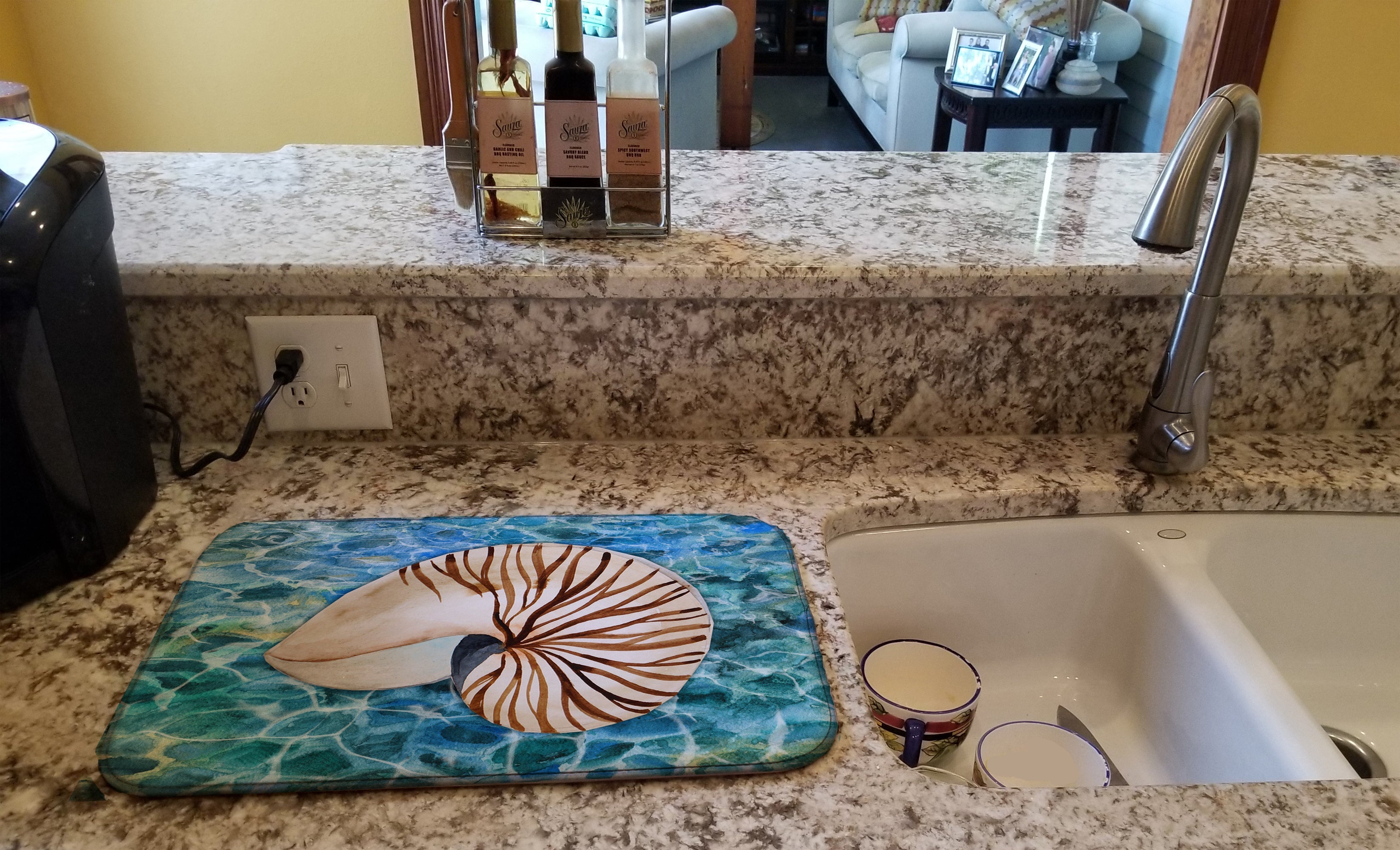 Sea Shell and Water Dish Drying Mat Absorbent Dish Drying Mat Pad for Kitchen Counter Dish Drainer Mat for Countertop, 14 x 21", Multicolor