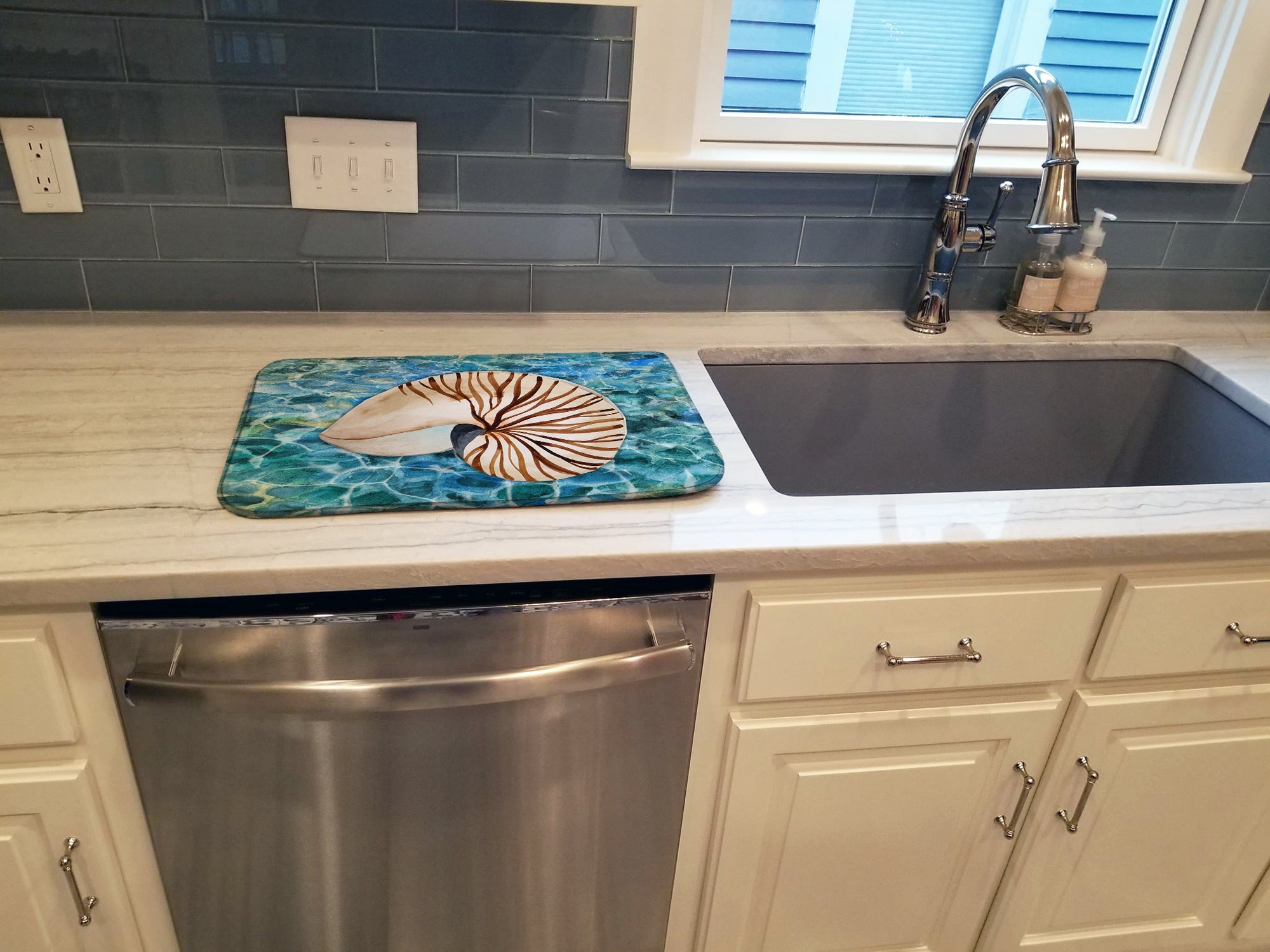 Sea Shell and Water Dish Drying Mat Absorbent Dish Drying Mat Pad for Kitchen Counter Dish Drainer Mat for Countertop, 14 x 21", Multicolor