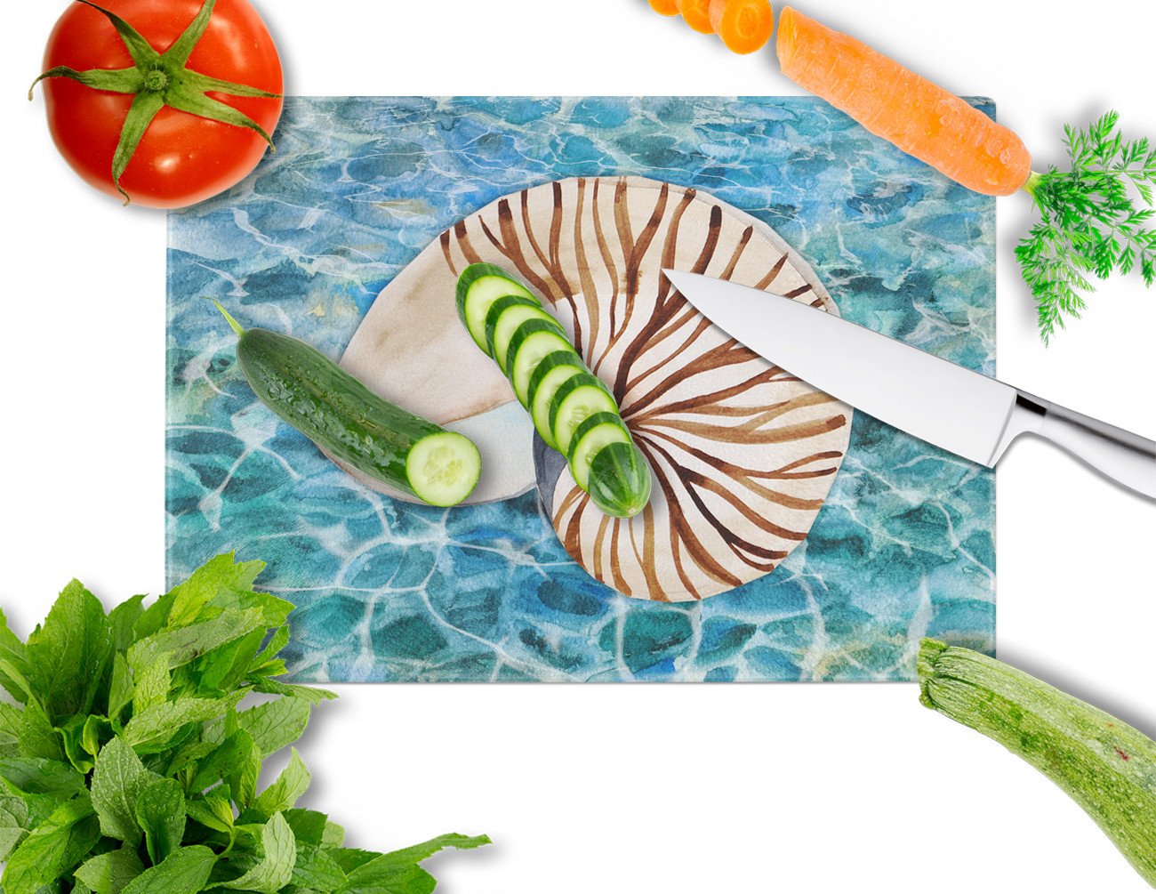 Sea Shell and Water Cutting Board Tempered Glass Kitchen Cutting Surface, Heat Resistant Chopping, Non-Slip Feet, Food Prep & Serving