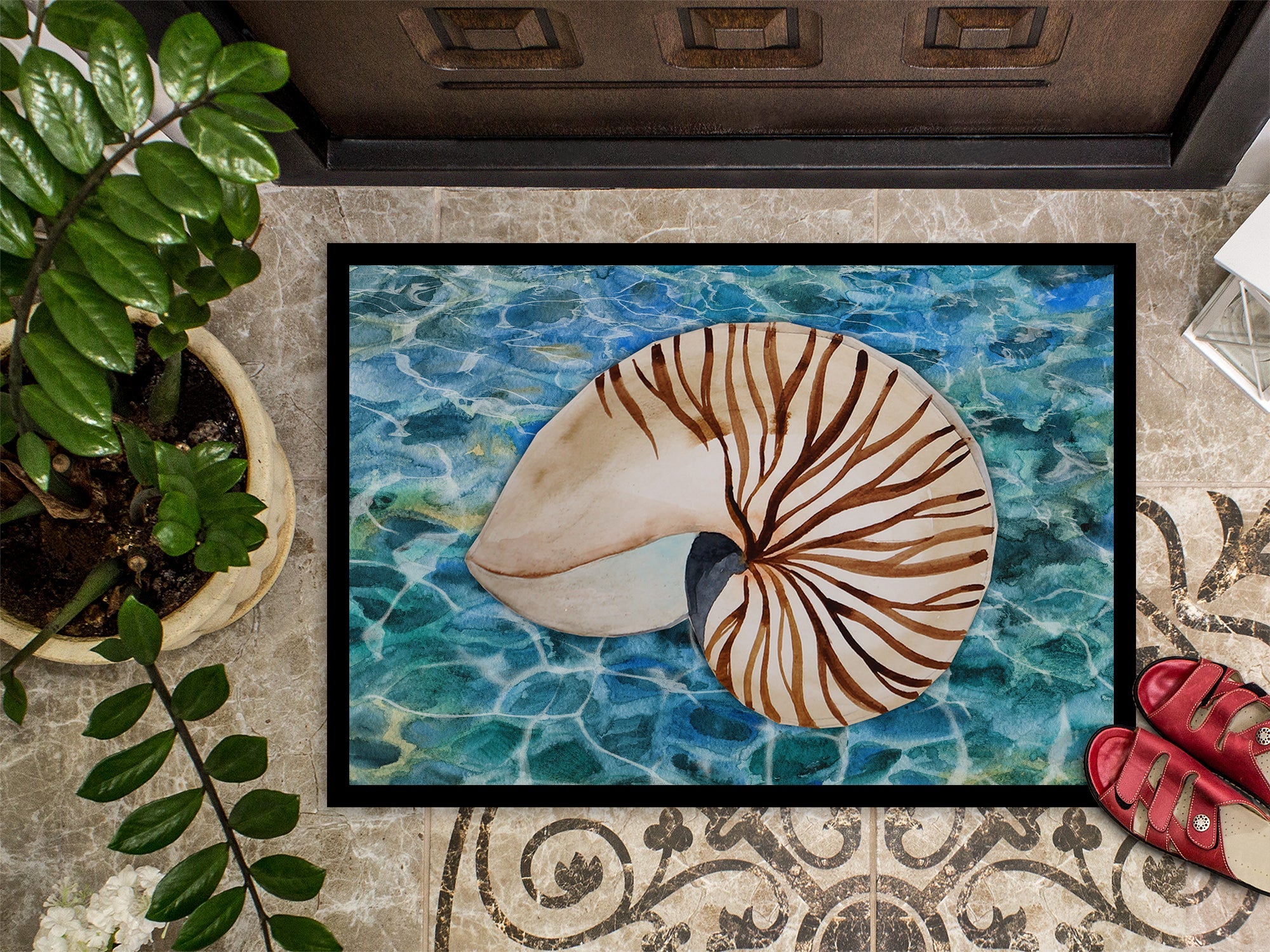 Sea Shell and Water Doormat Indoor Outdoor 18H X 27W Front Door Mat Rugs for Entryway, Non Slip Washable