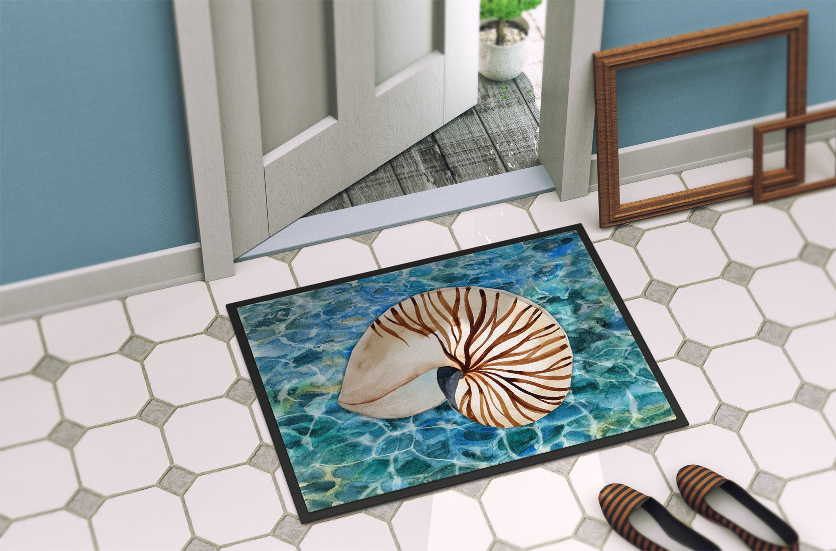 Sea Shell and Water Doormat Indoor Outdoor 18H X 27W Front Door Mat Rugs for Entryway, Non Slip Washable