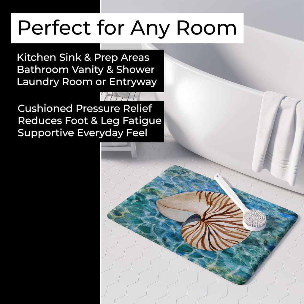 Sea Shell and Water Memory Foam Kitchen Mat Machine Washable Anti-Fatigue Cushion Comfort Bath or Kitchen Rug