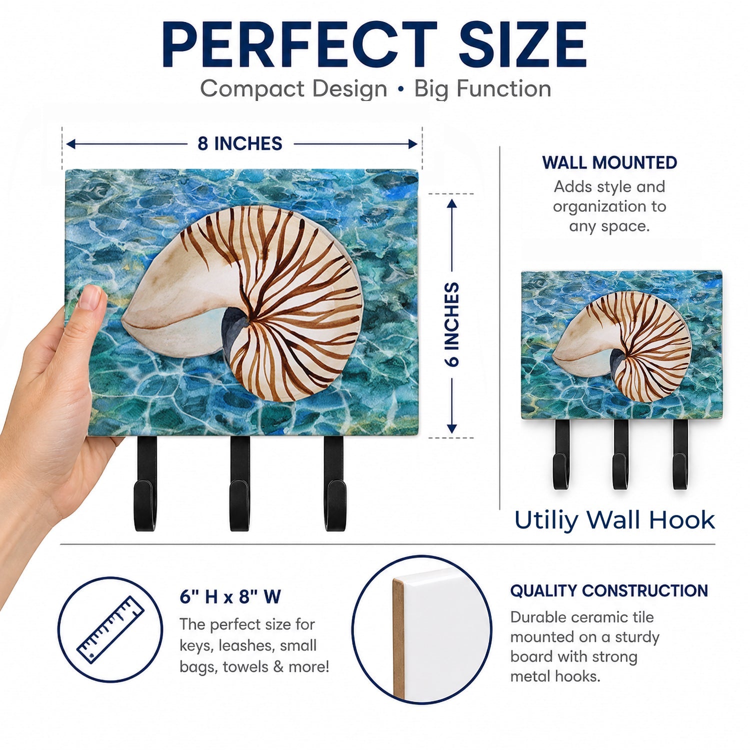 Sea Shell and Water Leash or Key Holder Wall Hooks, Coat Rack Wall Mount, for Hanging Keys, Towels, Aprons, Leashes