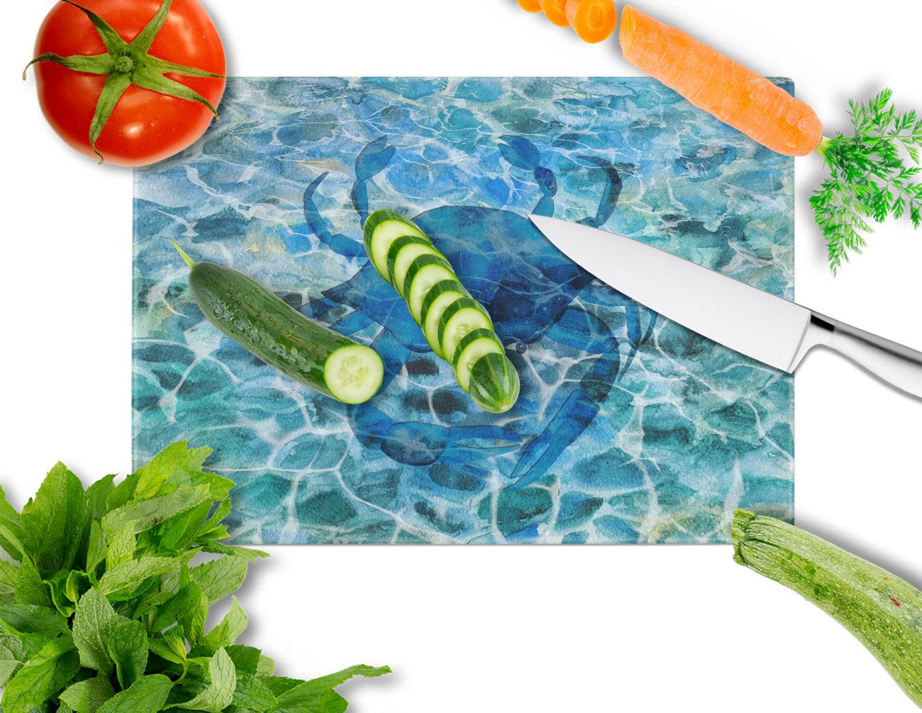 Blue Crab Under Water Cutting Board Tempered Glass Kitchen Cutting Surface, Heat Resistant Chopping, Non-Slip Feet, Food Prep & Serving