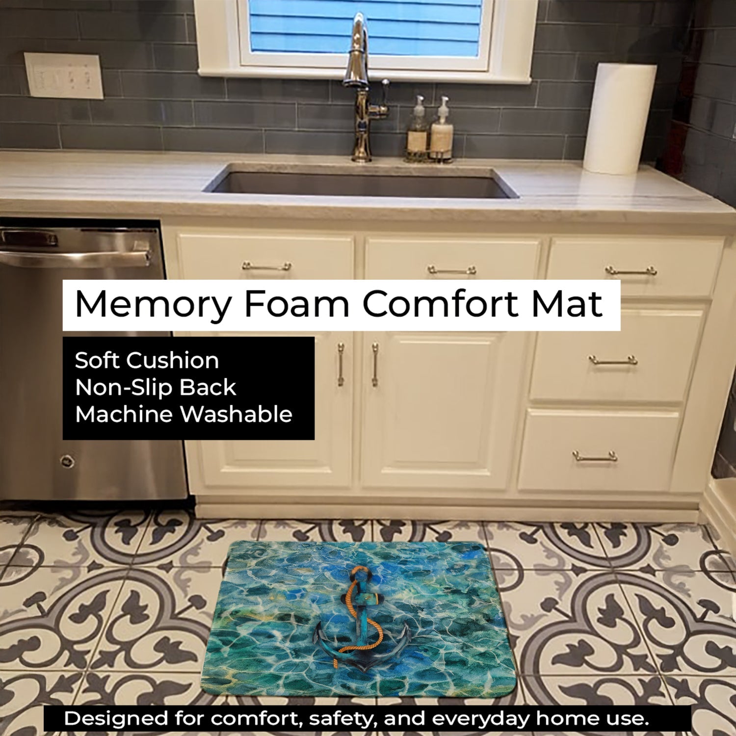 Anchor and Rope Memory Foam Kitchen Mat Machine Washable Anti-Fatigue Cushion Comfort Bath or Kitchen Rug