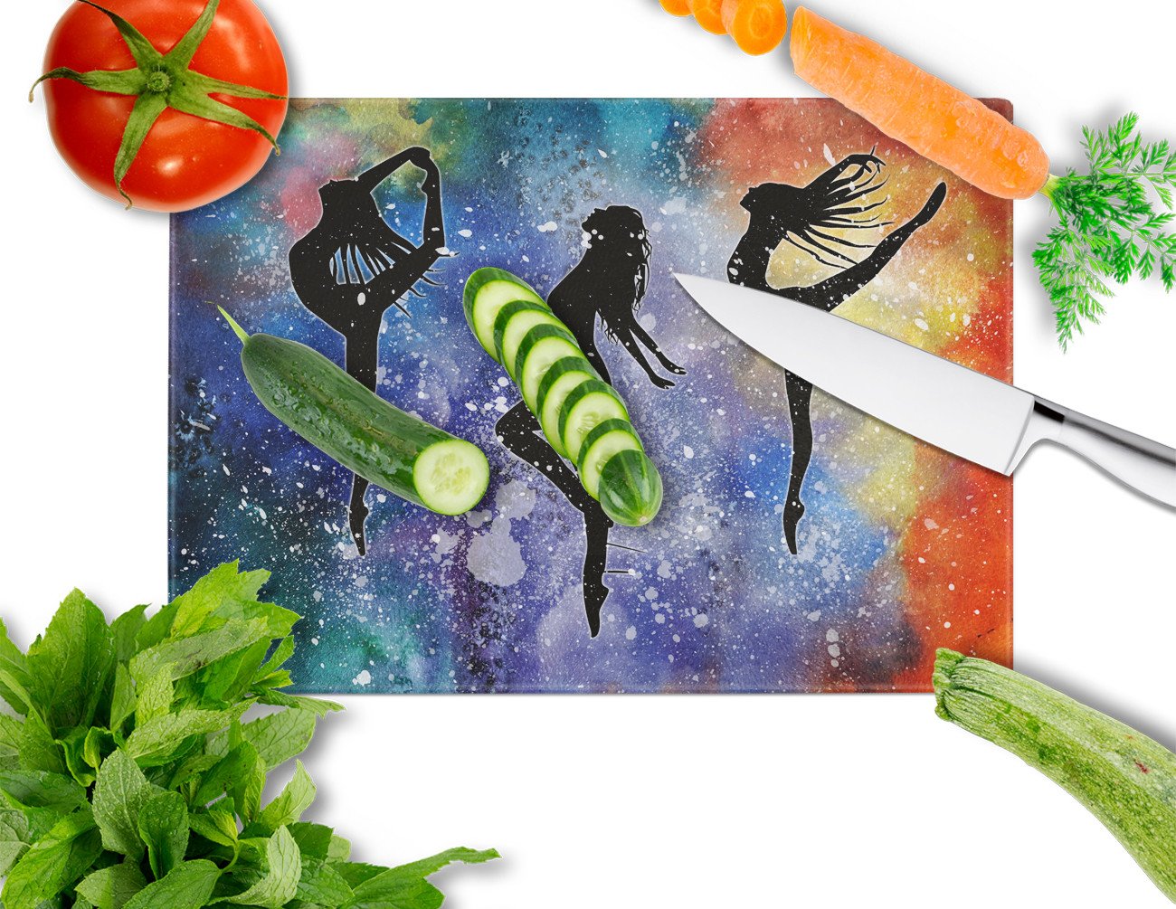 Dancers Cutting Board Tempered Glass Kitchen Cutting Surface, Heat Resistant Chopping, Non-Slip Feet, Food Prep & Serving