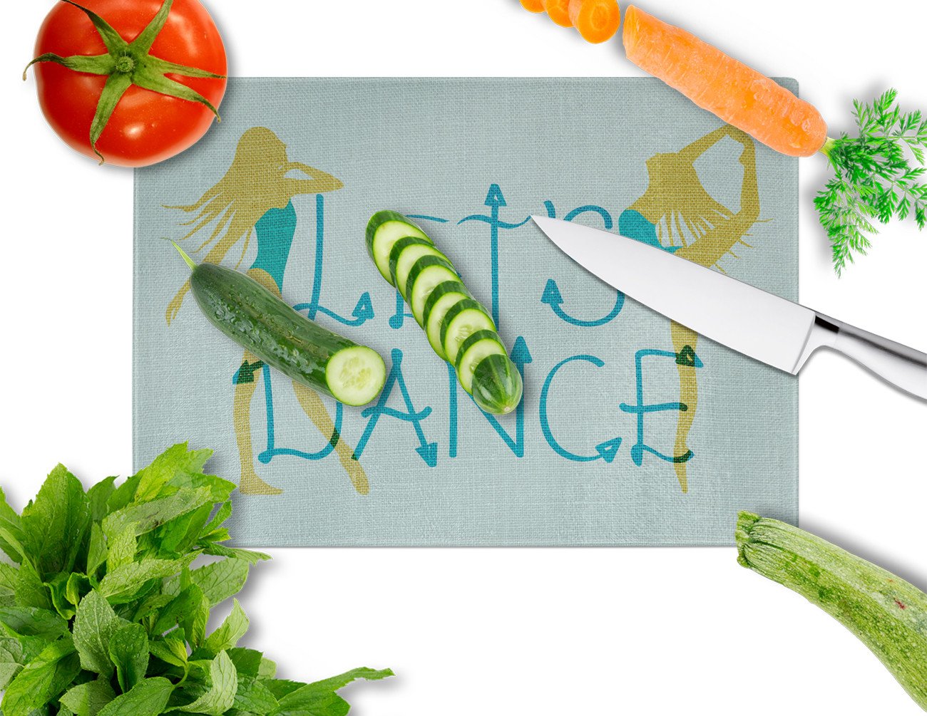 Let's Dance Linen Teal Cutting Board Tempered Glass Kitchen Cutting Surface, Heat Resistant Chopping, Non-Slip Feet, Food Prep & Serving