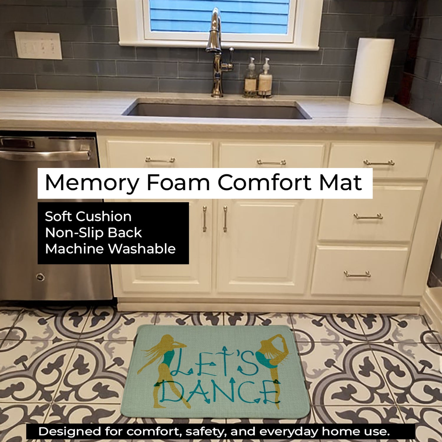 Let's Dance Linen Teal Memory Foam Kitchen Mat Machine Washable Anti-Fatigue Cushion Comfort Bath or Kitchen Rug