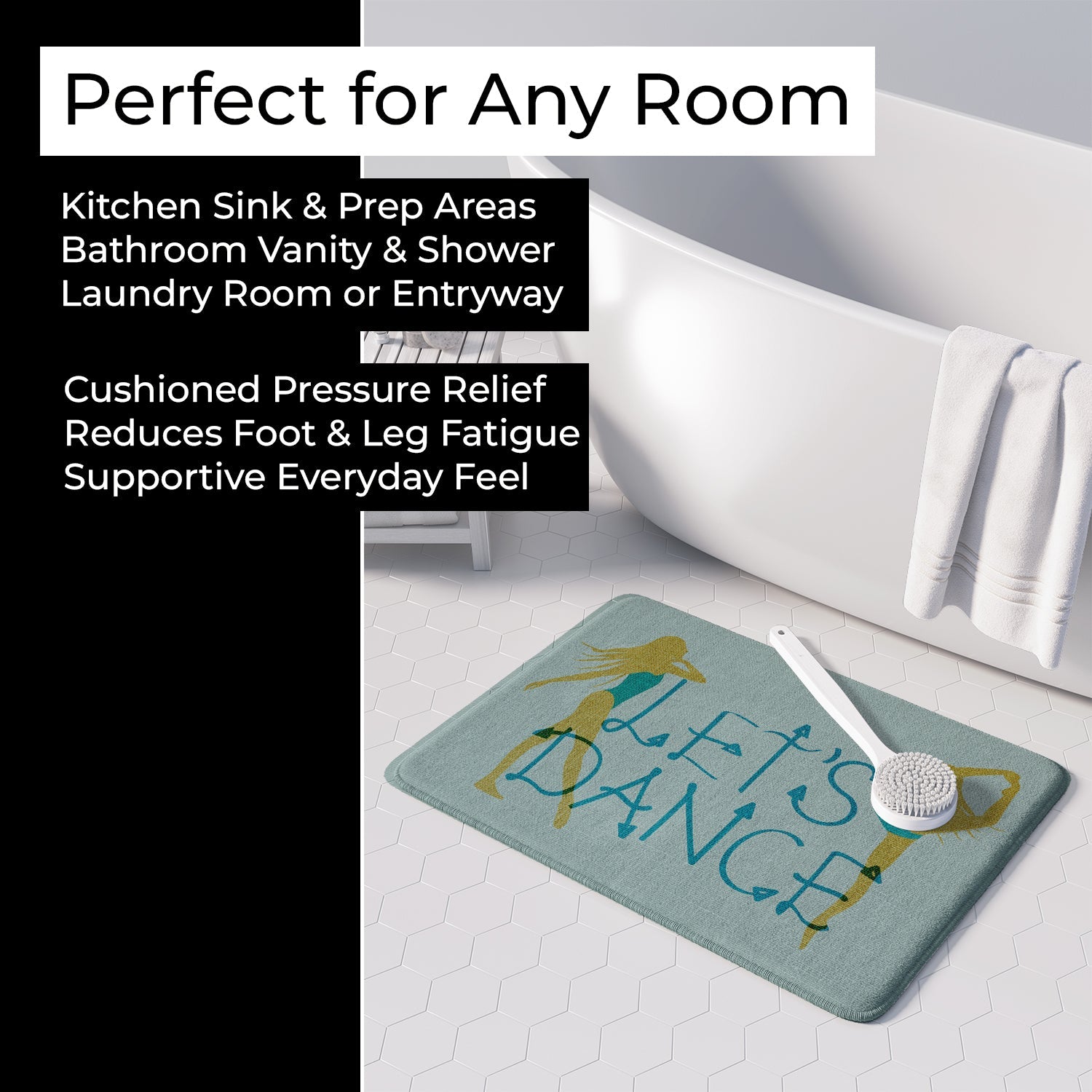 Let's Dance Linen Teal Memory Foam Kitchen Mat Machine Washable Anti-Fatigue Cushion Comfort Bath or Kitchen Rug