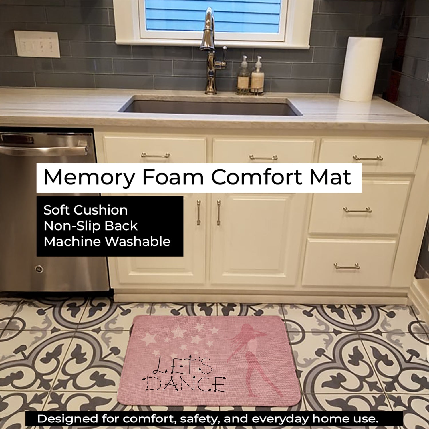 Let's Dance Linen Pink Memory Foam Kitchen Mat Machine Washable Anti-Fatigue Cushion Comfort Bath or Kitchen Rug