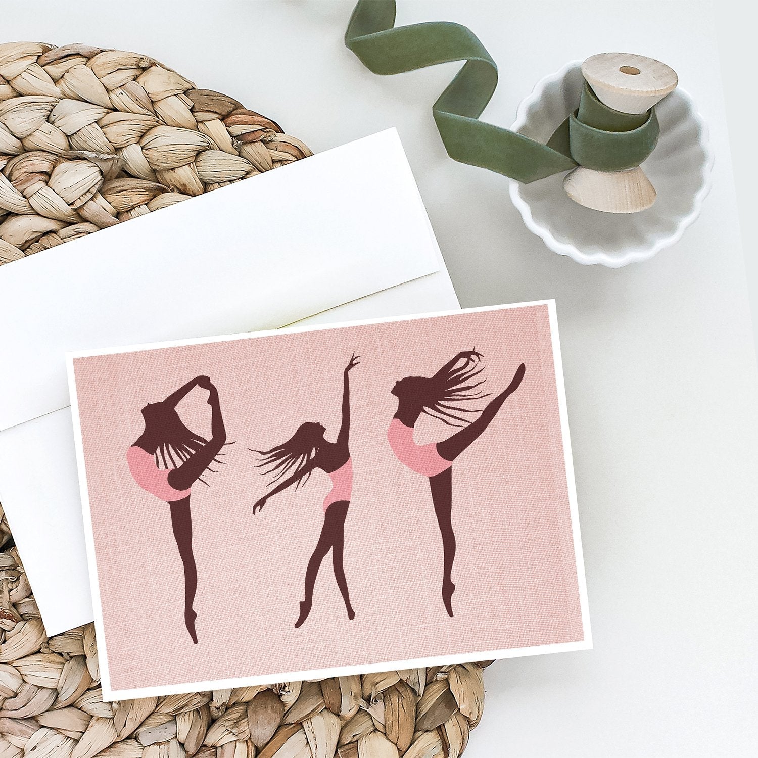 Dancers Linen Pink Greeting Cards Pack of 8 Blank Cards with Envelopes Whimsical A7 Size 5x7