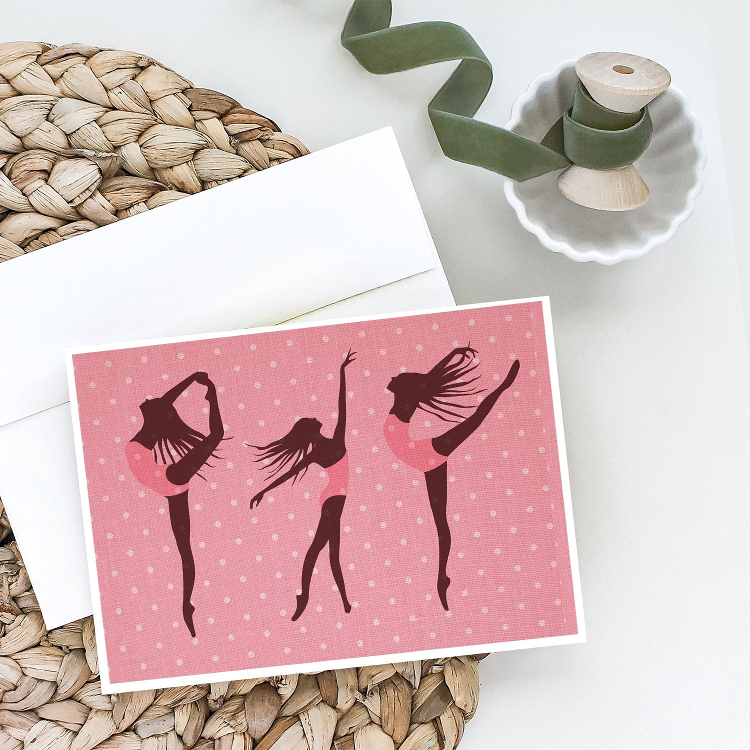 Dancers Linen Pink Polkadots Greeting Cards Pack of 8 Blank Cards with Envelopes Whimsical A7 Size 5x7