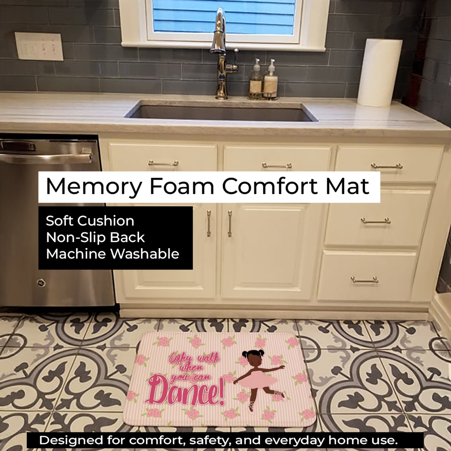 Ballet African American Pigtails Memory Foam Kitchen Mat Machine Washable Anti-Fatigue Cushion Comfort Bath or Kitchen Rug