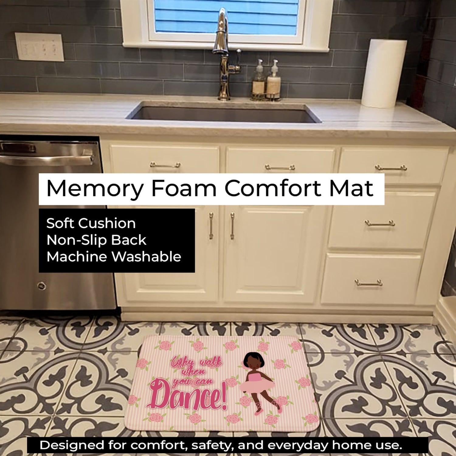 Ballet African American Short Hair Memory Foam Kitchen Mat Machine Washable Anti-Fatigue Cushion Comfort Bath or Kitchen Rug