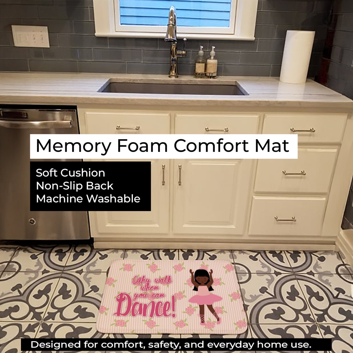 Ballet Long Hair African American Memory Foam Kitchen Mat Machine Washable Anti-Fatigue Cushion Comfort Bath or Kitchen Rug