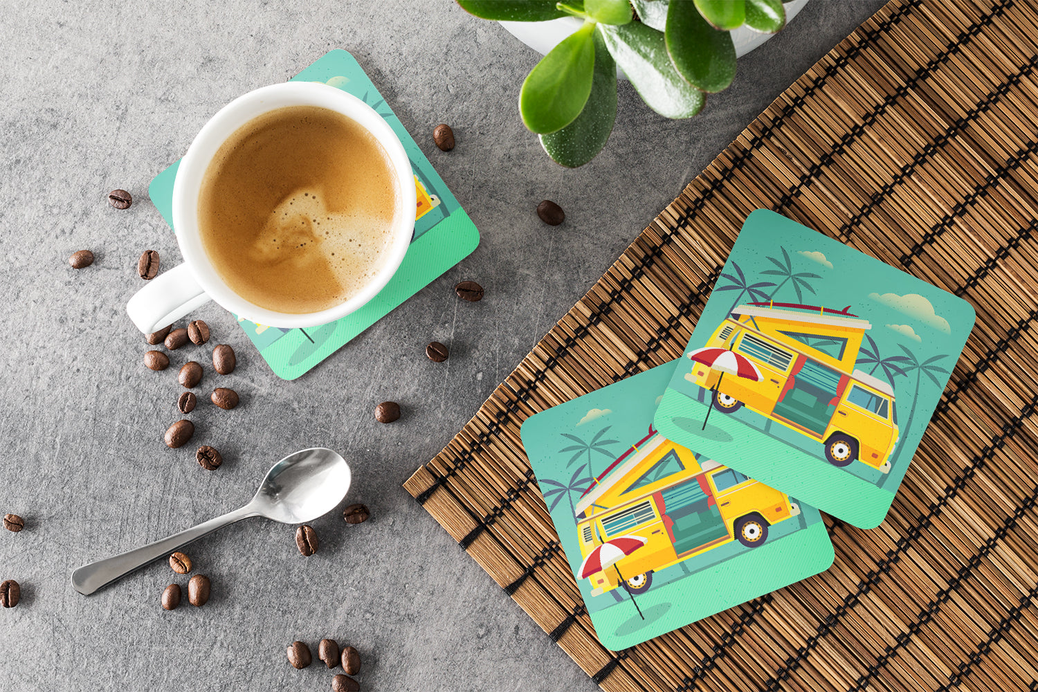 Greatest Adventure Camper Van Foam Coasters Set of 4 Cup Coasters for Indoor Outdoor, Tabletop Protection, Anti Slip, Mouse pad Material