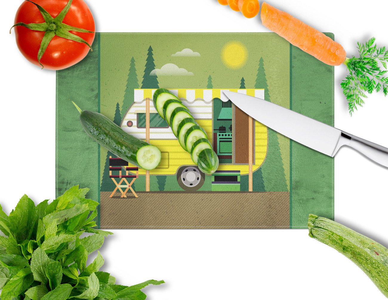 Greatest Adventure Retro Camper Cutting Board Tempered Glass Kitchen Cutting Surface, Heat Resistant Chopping, Non-Slip Feet, Food Prep & Serving