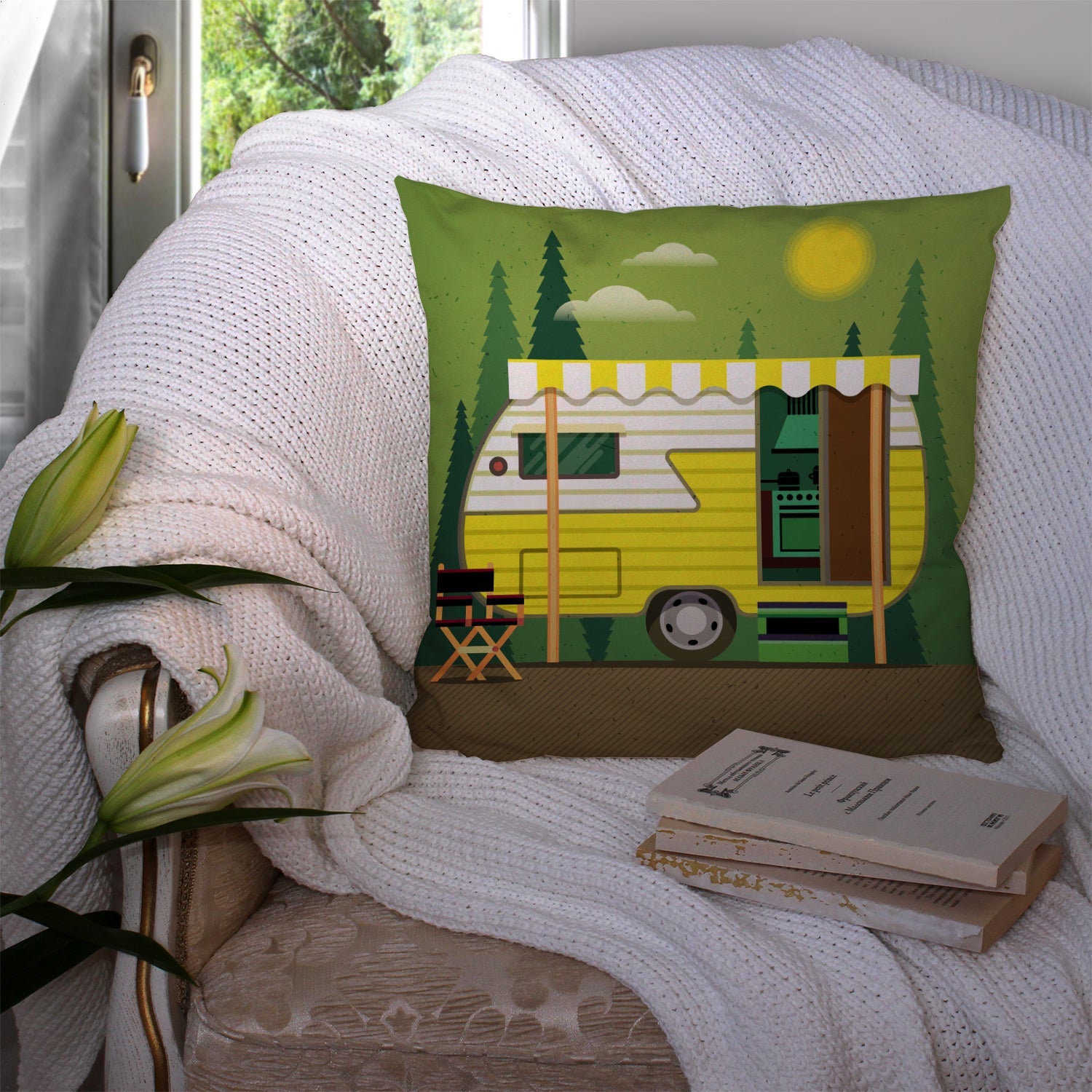 Greatest Adventure Retro Camper Decorative Throw Pillow 14x14 Indoor Outdoor Accent Cushion, Fabric Cover with Insert for Sofa, Bed, Porch & Living Room