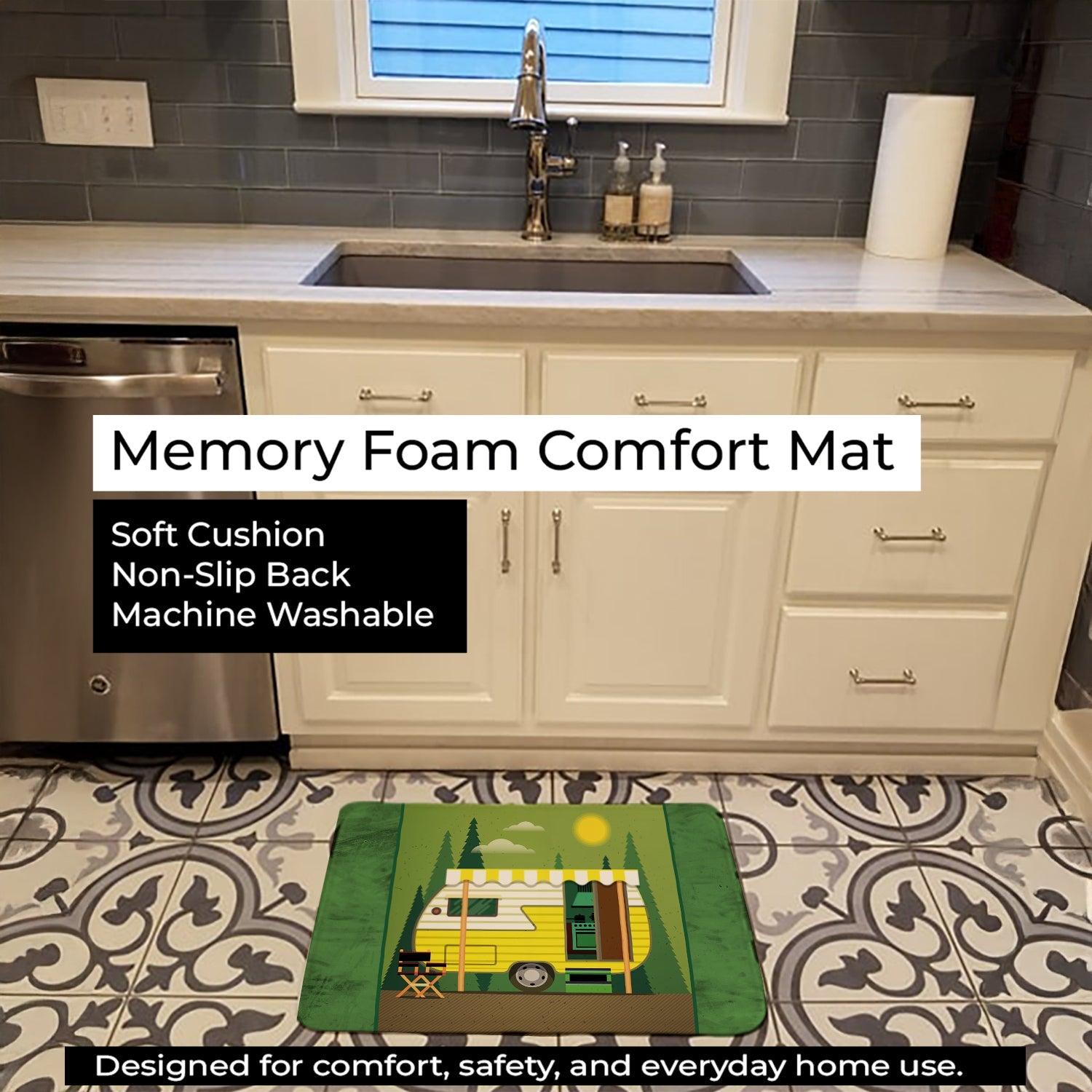 Greatest Adventure Retro Camper Memory Foam Kitchen Mat Machine Washable Anti-Fatigue Cushion Comfort Bath or Kitchen Rug