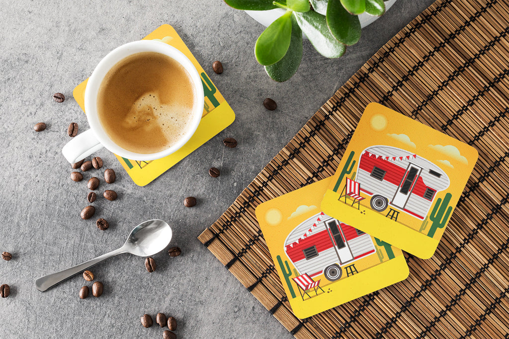 Greatest Adventure Retro Camper Desert Foam Coasters Set of 4 Cup Coasters for Indoor Outdoor, Tabletop Protection, Anti Slip, Mouse pad Material
