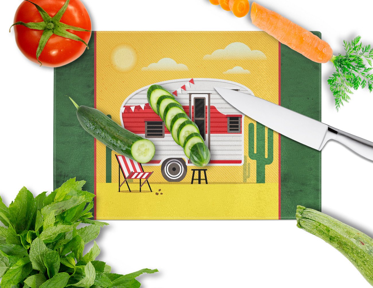 Greatest Adventure Retro Camper Desert Cutting Board Tempered Glass Kitchen Cutting Surface, Heat Resistant Chopping, Non-Slip Feet, Food Prep & Serving