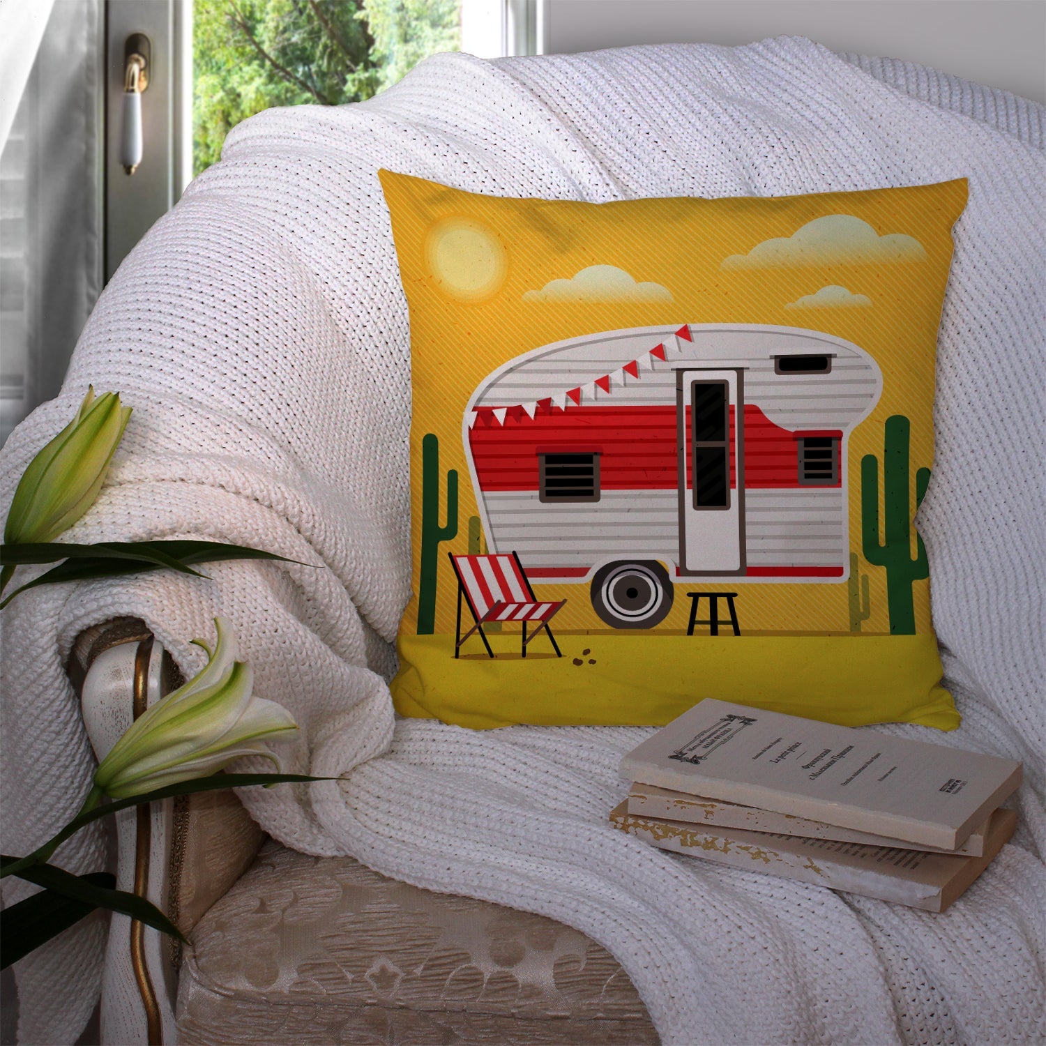 Greatest Adventure Retro Camper Desert Decorative Throw Pillow 14x14 Indoor Outdoor Accent Cushion, Fabric Cover with Insert for Sofa, Bed, Porch & Living Room