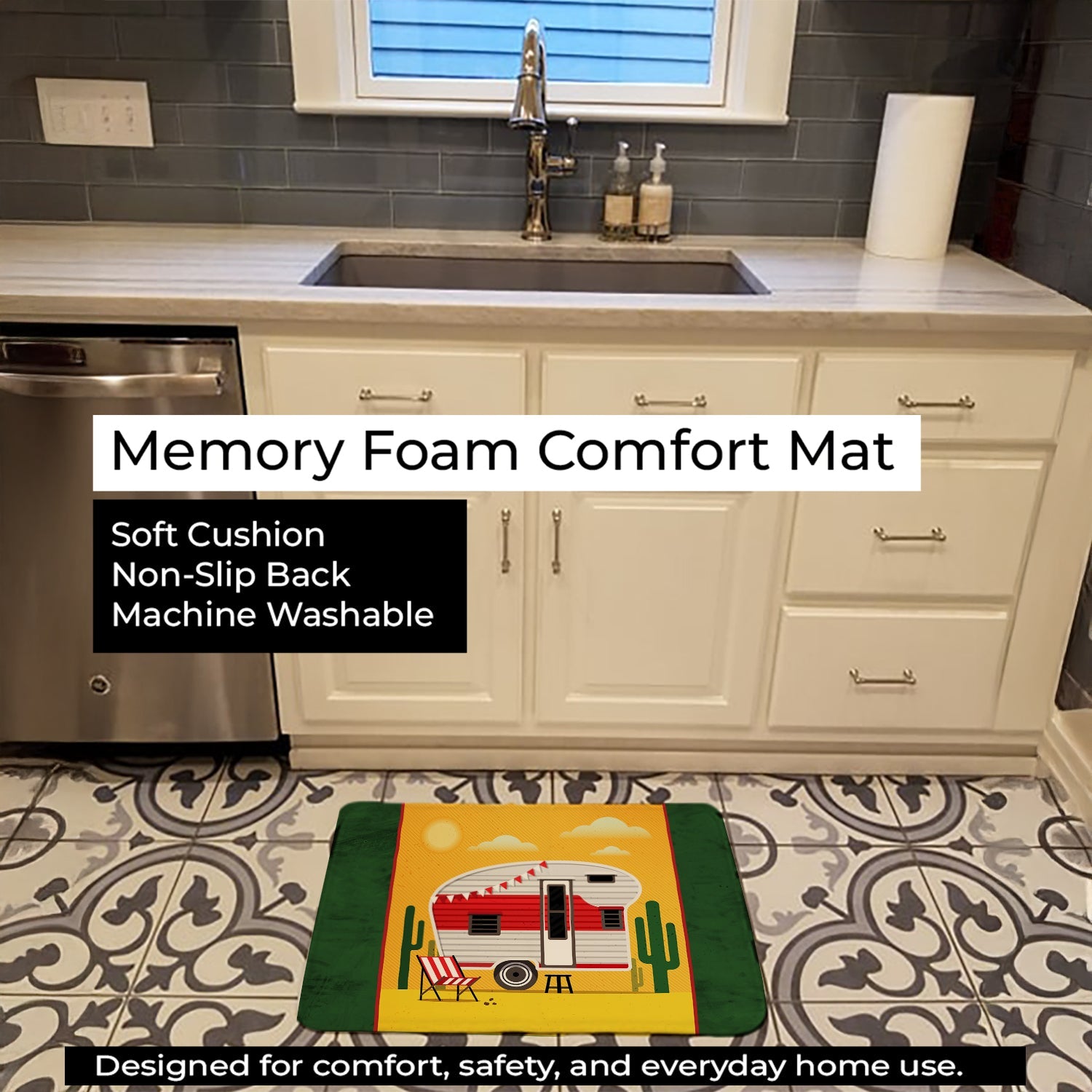 Greatest Adventure Retro Camper Desert Memory Foam Kitchen Mat Machine Washable Anti-Fatigue Cushion Comfort Bath or Kitchen Rug