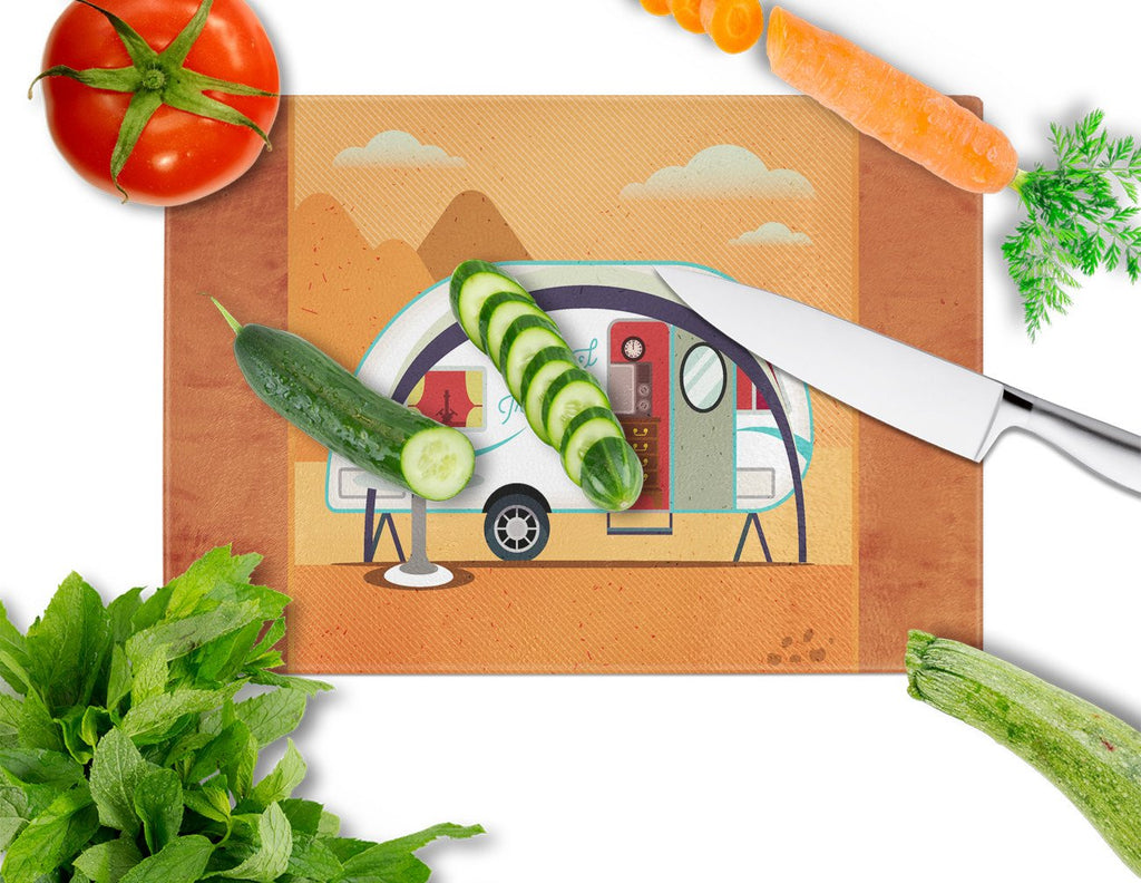 Greatest Adventure New Camper Cutting Board Tempered Glass Kitchen Cutting Surface, Heat Resistant Chopping, Non-Slip Feet, Food Prep & Serving