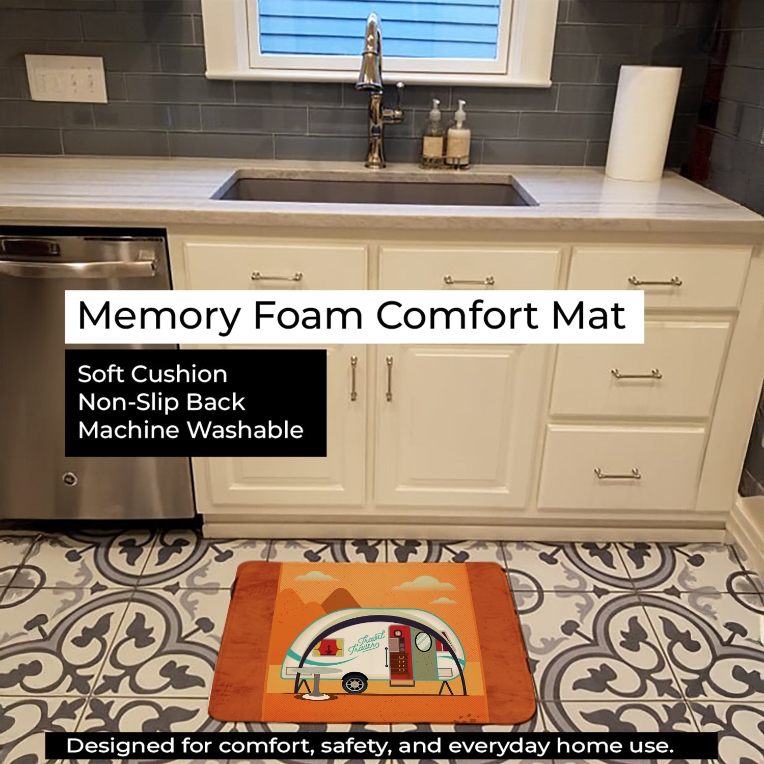 Greatest Adventure New Camper Memory Foam Kitchen Mat Machine Washable Anti-Fatigue Cushion Comfort Bath or Kitchen Rug