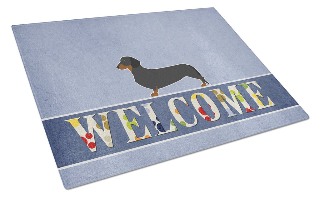 Dachshund Welcome Cutting Board Tempered Glass Kitchen Cutting Surface, Heat Resistant Chopping, Non-Slip Feet, Food Prep & Serving