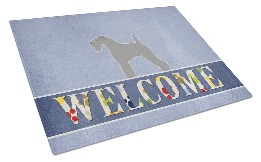 Kerry Blue Terrier Welcome Cutting Board Tempered Glass Kitchen Cutting Surface, Heat Resistant Chopping, Non-Slip Feet, Food Prep & Serving