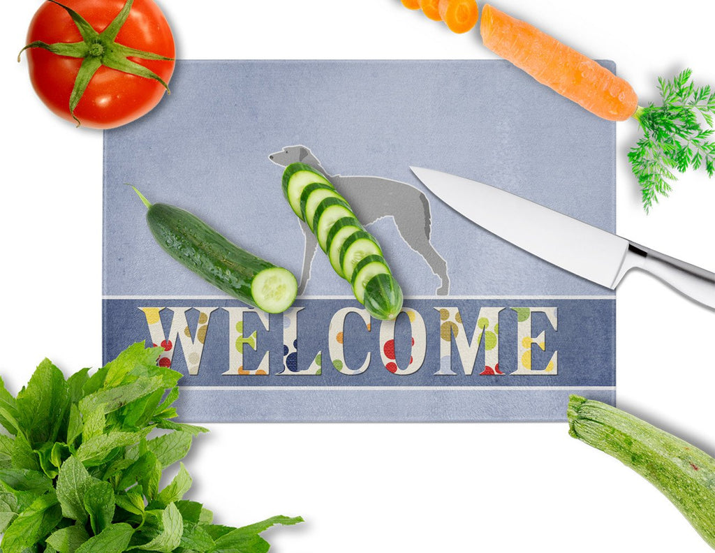 Scottish Deerhound Welcome Cutting Board Tempered Glass Kitchen Cutting Surface, Heat Resistant Chopping, Non-Slip Feet, Food Prep & Serving