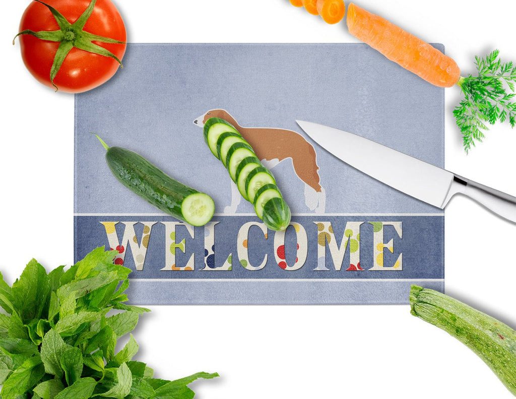 Borzoi Russian Greyhound Welcome Cutting Board Tempered Glass Kitchen Cutting Surface, Heat Resistant Chopping, Non-Slip Feet, Food Prep & Serving