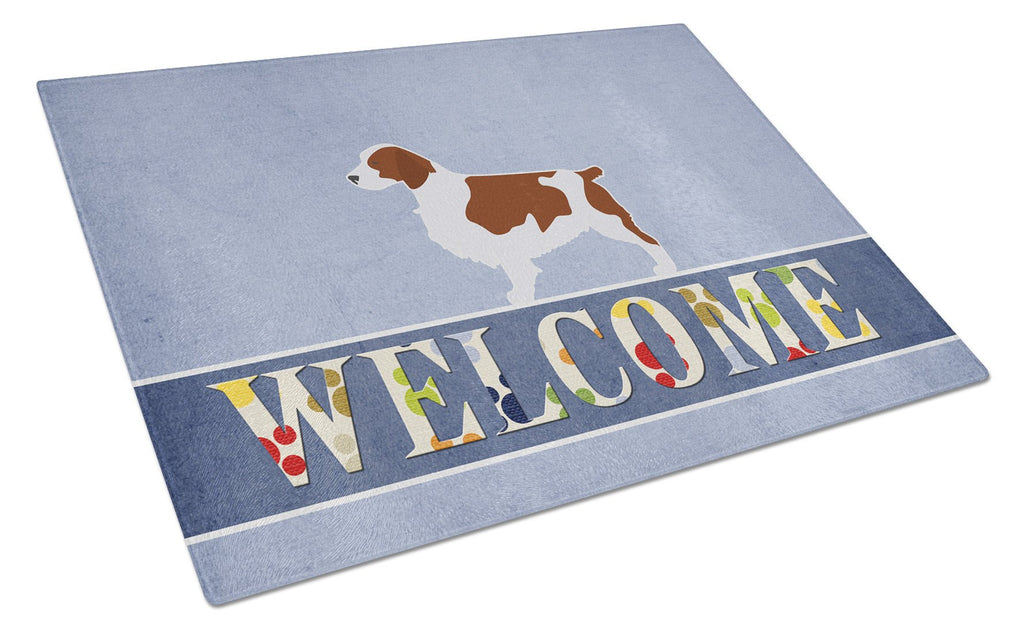 Welsh Springer Spaniel Welcome Cutting Board Tempered Glass Kitchen Cutting Surface, Heat Resistant Chopping, Non-Slip Feet, Food Prep & Serving