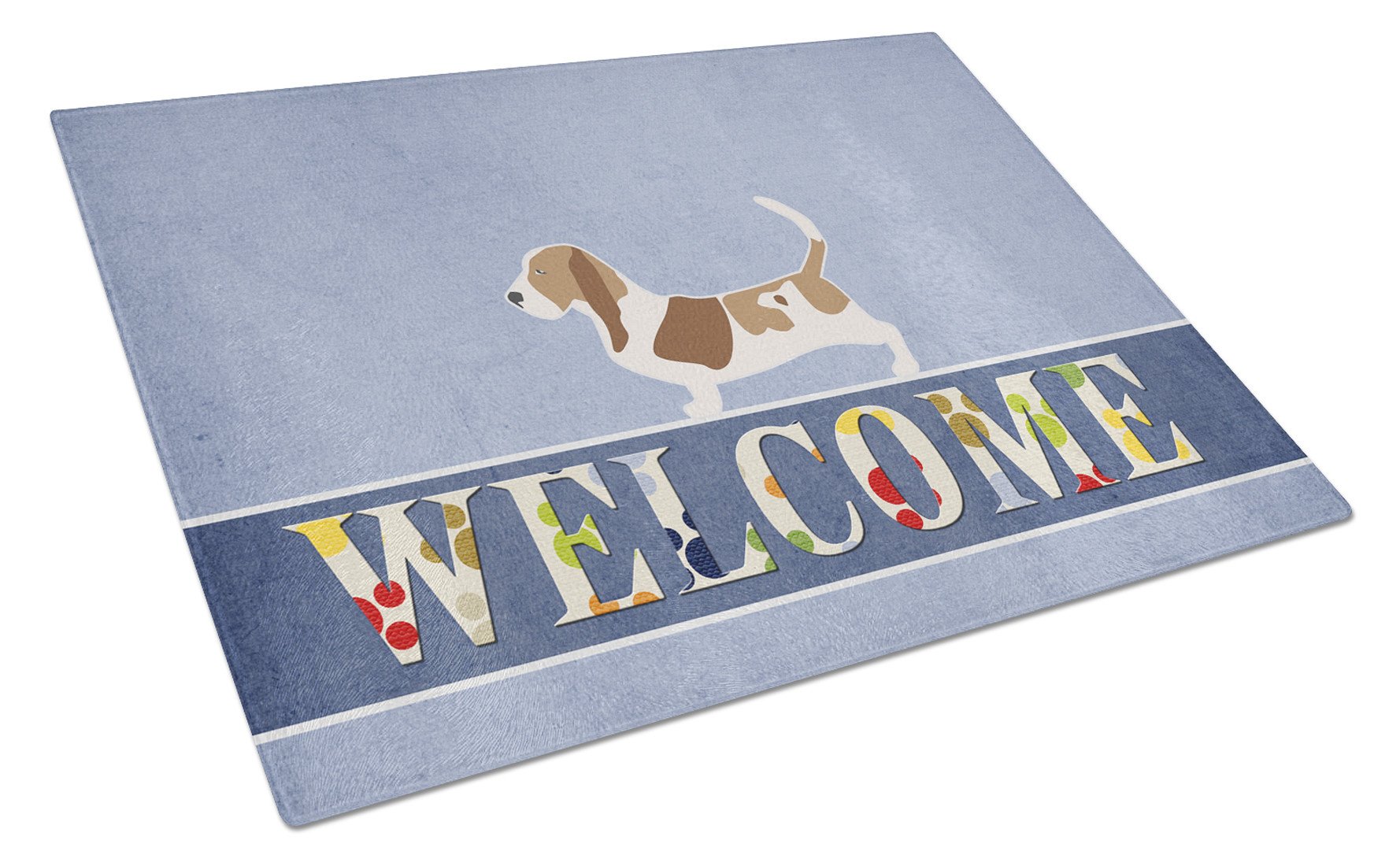 Basset Hound Welcome Cutting Board Tempered Glass Kitchen Cutting Surface, Heat Resistant Chopping, Non-Slip Feet, Food Prep & Serving