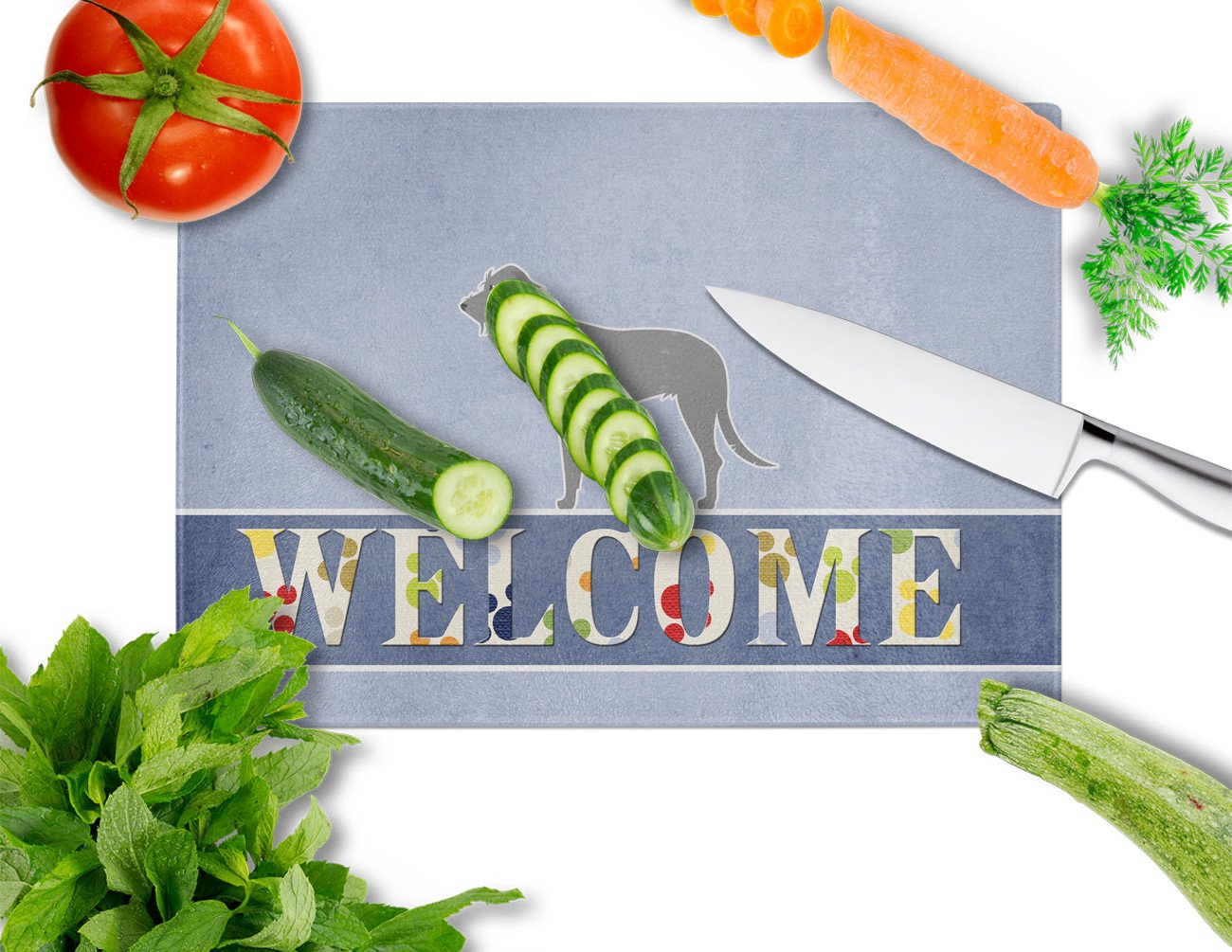 Irish Wolfhound Welcome Cutting Board Tempered Glass Kitchen Cutting Surface, Heat Resistant Chopping, Non-Slip Feet, Food Prep & Serving