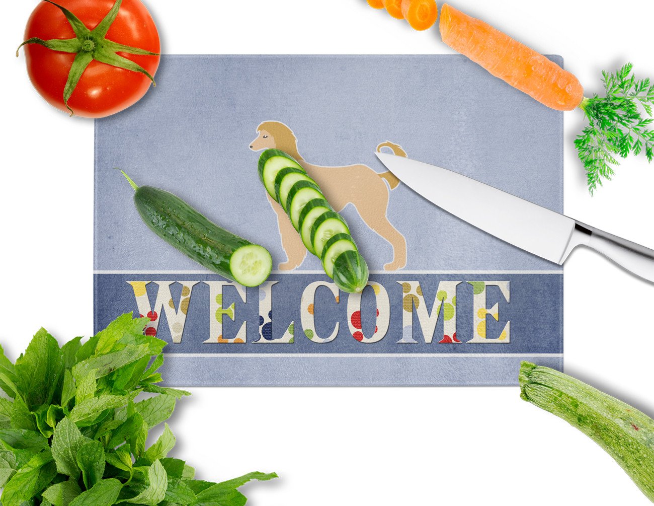 Afghan Hound Welcome Cutting Board Tempered Glass Kitchen Cutting Surface, Heat Resistant Chopping, Non-Slip Feet, Food Prep & Serving