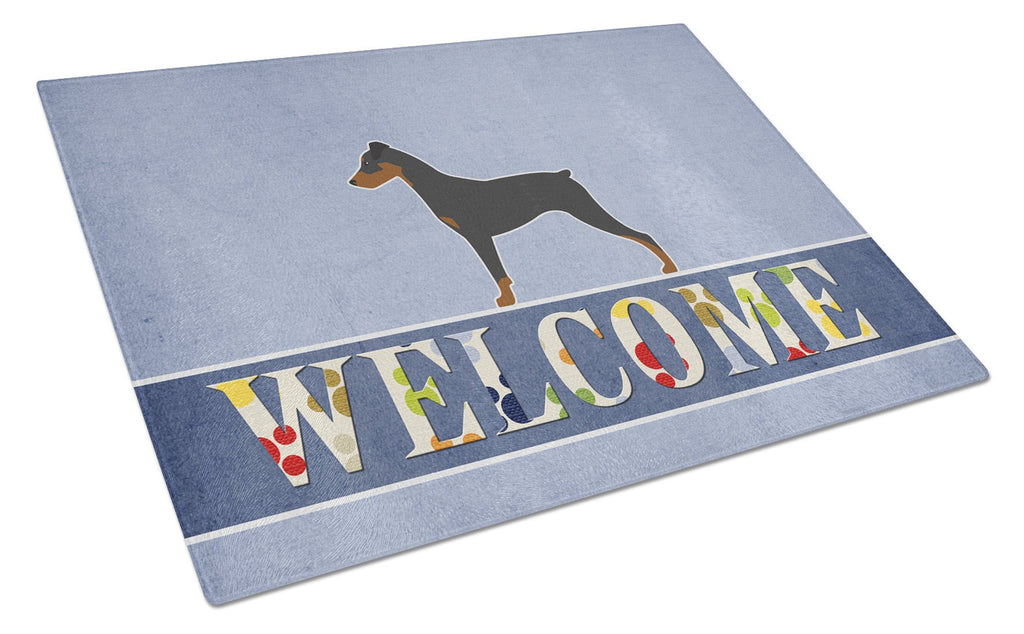 German Pinscher Welcome Cutting Board Tempered Glass Kitchen Cutting Surface, Heat Resistant Chopping, Non-Slip Feet, Food Prep & Serving