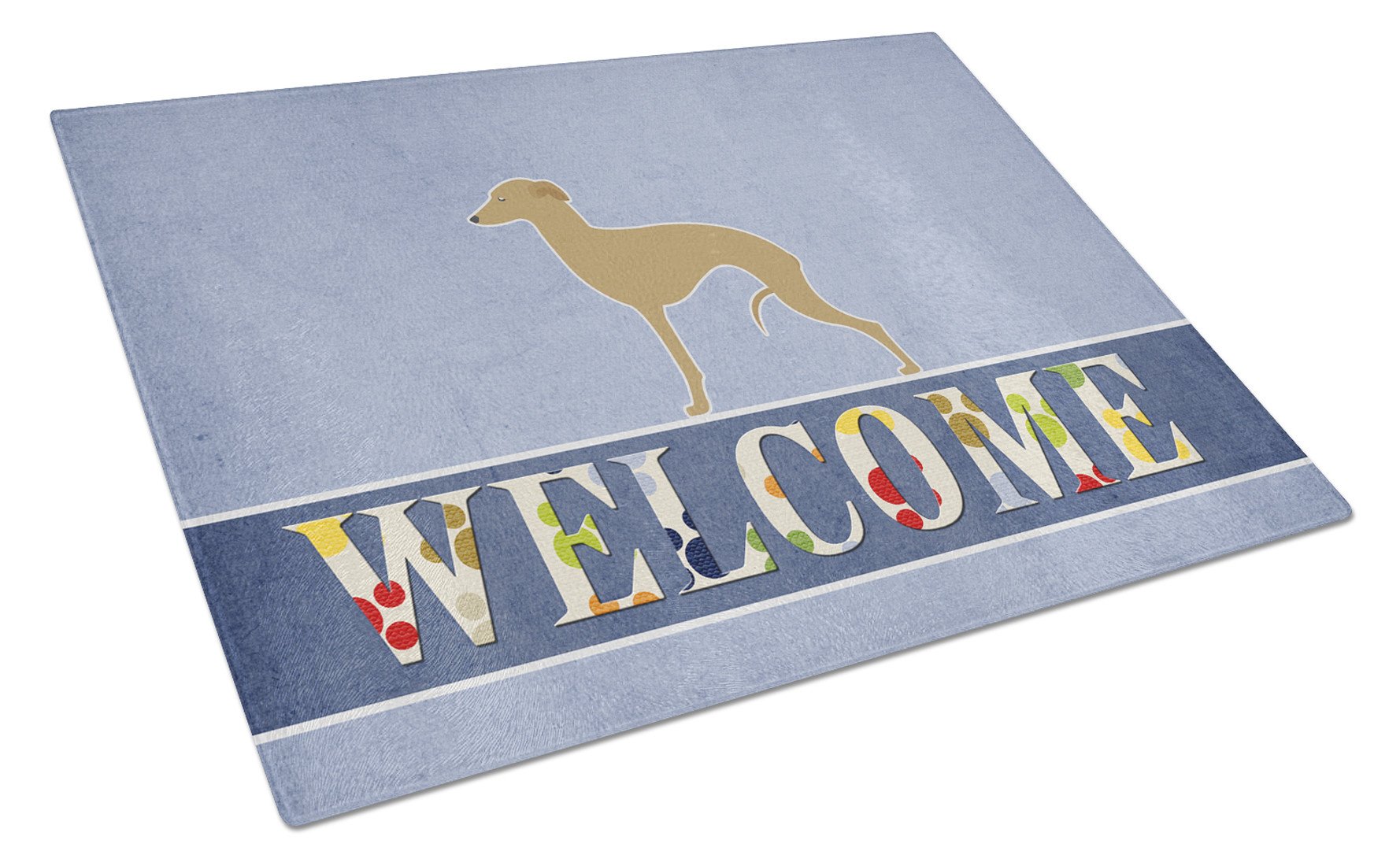 Italian Greyhound Welcome Cutting Board Tempered Glass Kitchen Cutting Surface, Heat Resistant Chopping, Non-Slip Feet, Food Prep & Serving